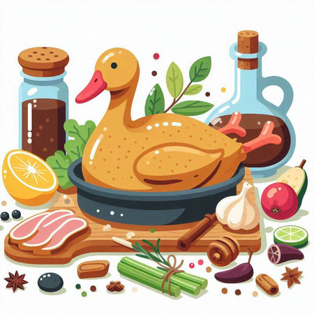 Vector illustration of a duck in a frying pan with ingredients for cooking.のイラスト素材