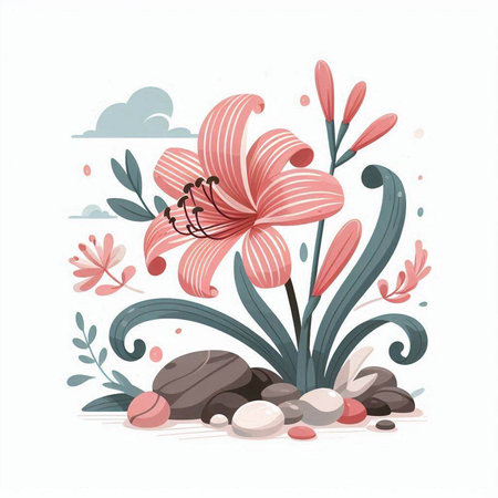 Flower background with pebbles and lily. Vector illustration.のイラスト素材