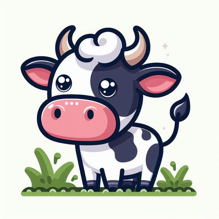 Cute cartoon cow on green grass. Farm animal. Vector illustration.のイラスト素材