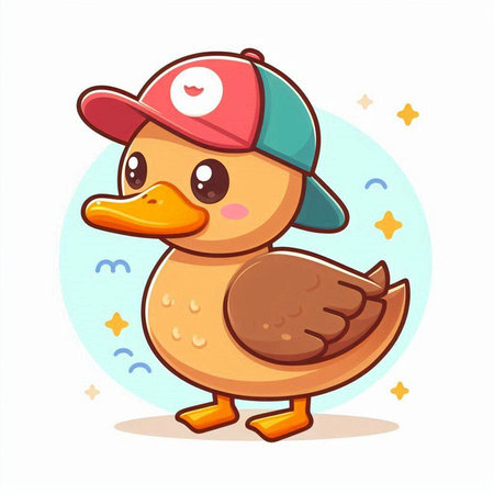 Cute cartoon duck in cap and baseball cap. Vector illustration.のイラスト素材