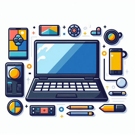Vector illustration of laptop and different gadgets on white background. Line art design for web, site, advertising, banner, poster, board and print.のイラスト素材
