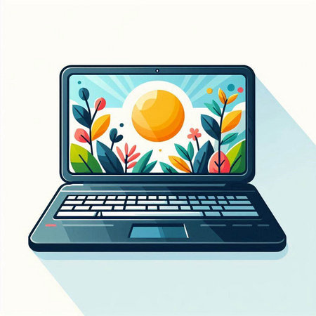 Laptop with flowers and sun on screen. Flat style vector illustration.のイラスト素材