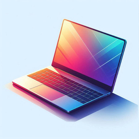 Laptop computer with colorful screen on blue background. 3d illustrationのイラスト素材