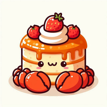 Cute cartoon cake character with strawberry and cream. Vector illustration.のイラスト素材
