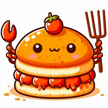 Cute cartoon crab burger with fork and knife. Vector illustration.のイラスト素材