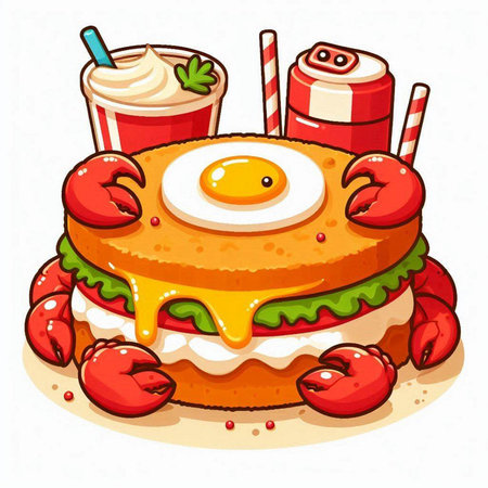 Illustration of a Cute Cartoon Crab Sandwich with Eggs and Ice Creamのイラスト素材