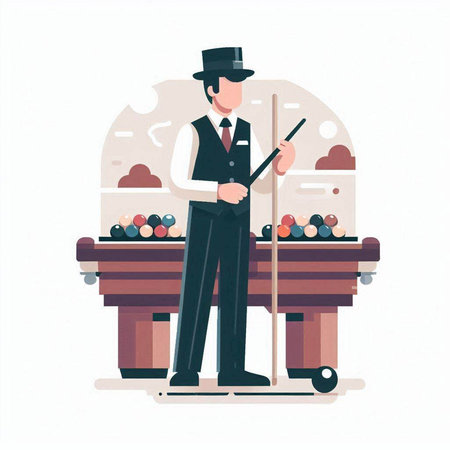 Billiards player in suit and hat. Vector flat illustration.のイラスト素材
