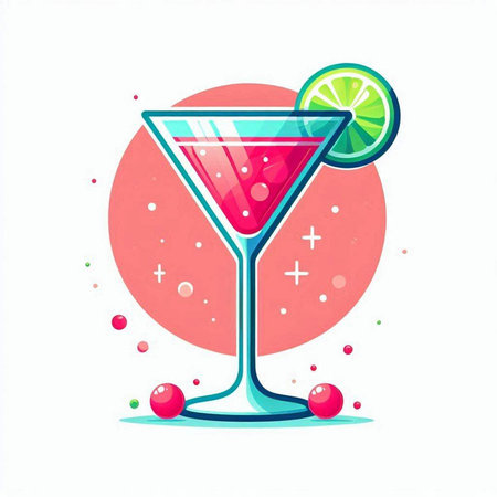 Cocktail in martini glass with lime and cherries. Vector illustration.のイラスト素材