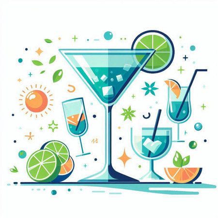 Cocktails with lime, orange and ice. Vector illustration.のイラスト素材