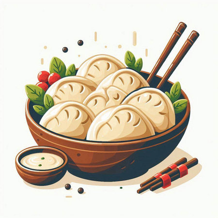 Illustration of dumplings in a wooden bowl with chopsticksのイラスト素材