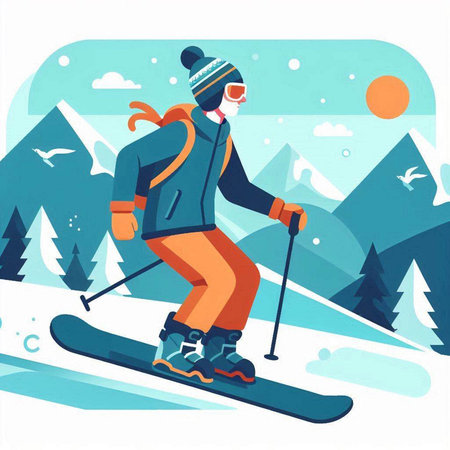 Winter sport. Vector illustration in flat style. Woman skiing in mountains.のイラスト素材