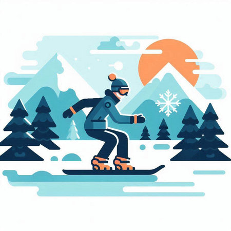 Snowboarder in the mountains. Vector illustration in flat style.のイラスト素材
