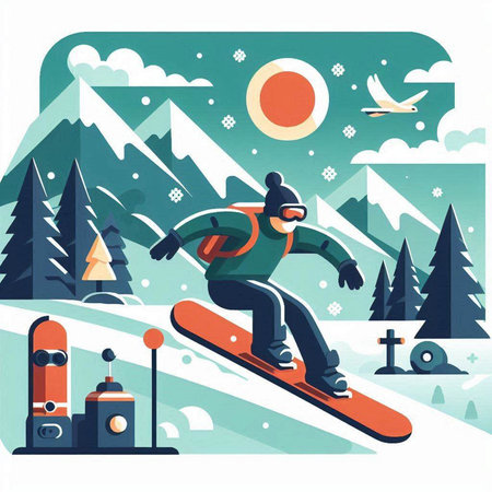 Snowboarder in the mountains. Vector illustration in flat style.のイラスト素材