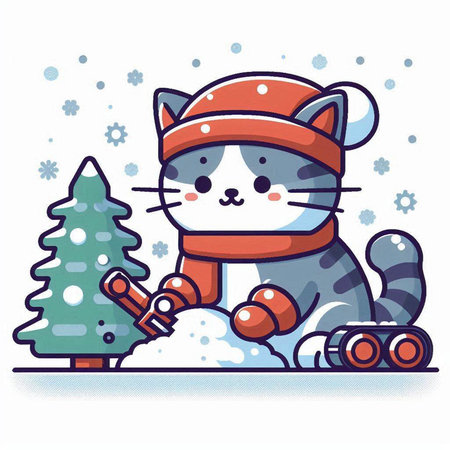 Cute cat in winter clothes with snow and fir tree. Vector illustration.のイラスト素材
