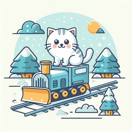 Vector illustration of a cute cat riding a train on a snowy winter day.のイラスト素材