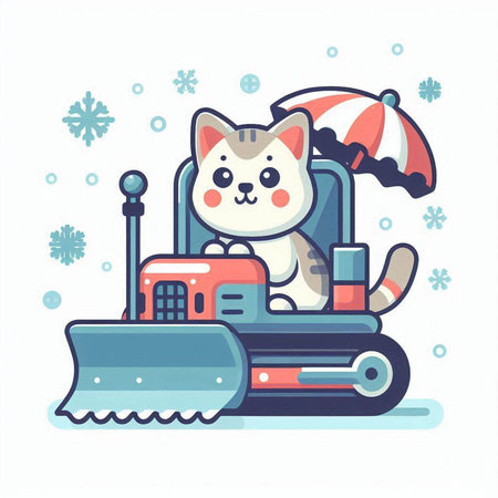 Cute cat in a snow plow. Vector illustration in cartoon style.のイラスト素材