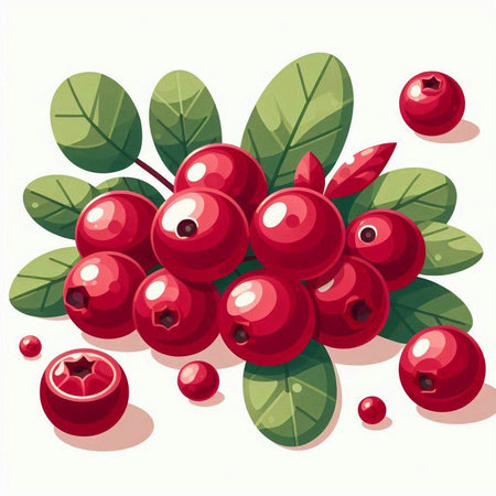 Cranberries with green leaves on white background. Vector illustration.のイラスト素材