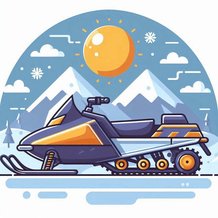 Snowmobile in the mountains. Vector illustration in flat cartoon style.のイラスト素材