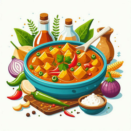 Chicken curry with vegetables and spices in a bowl. Vector illustration.のイラスト素材