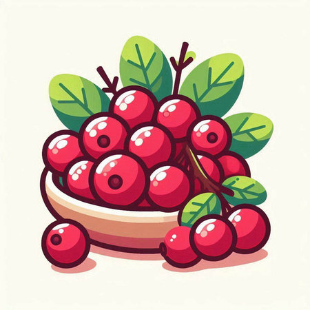 Cranberry in a bowl with green leaves, vector illustration.のイラスト素材