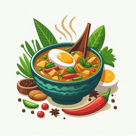 Illustration of a bowl of spicy soup with vegetables and egg.のイラスト素材