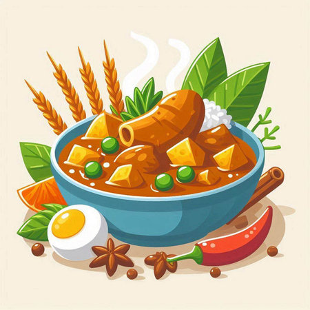 Illustration of a bowl of curry with ingredients on a light backgroundのイラスト素材