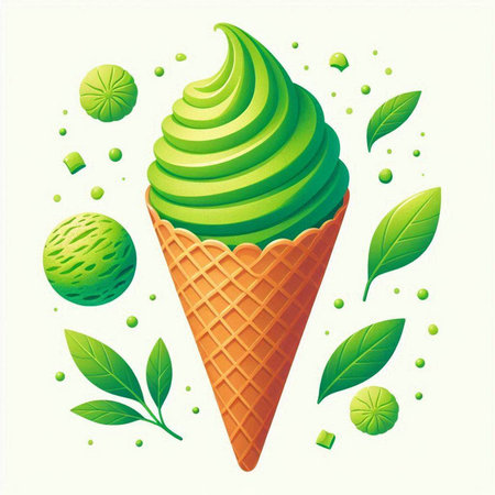 Green ice cream in waffle cone and green leaves. Vector illustration.のイラスト素材