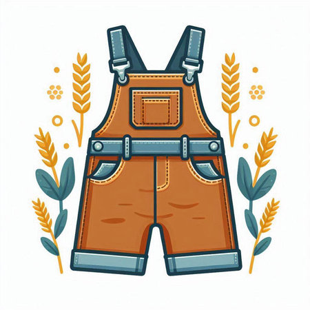 Vector illustration of summer clothes. Jeans overalls with suspenders and leaves.のイラスト素材