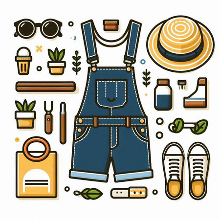 Vector set of flat icons with denim overalls, accessories, tools.のイラスト素材