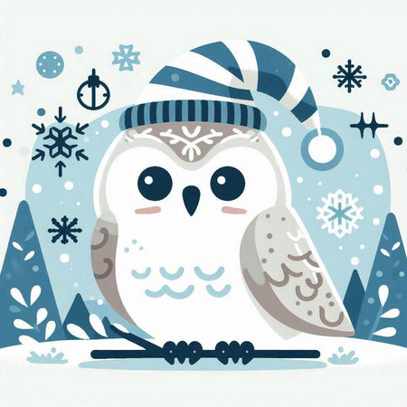 Christmas greeting card with cute owl in winter hat. Vector illustration.のイラスト素材