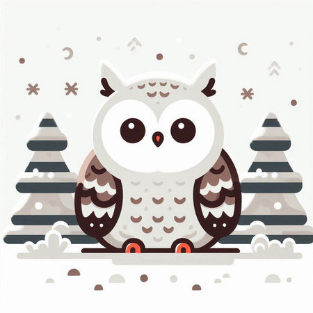 Cute cartoon owl with snowflakes and Christmas trees. Vector illustration.のイラスト素材
