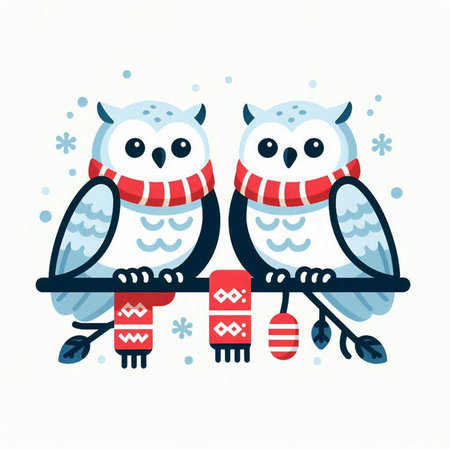 Two cute owls in warm knitted hats, scarves and scarves. Vector illustration.のイラスト素材