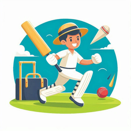 Cricket player with bat and ball. Cartoon vector illustration.のイラスト素材
