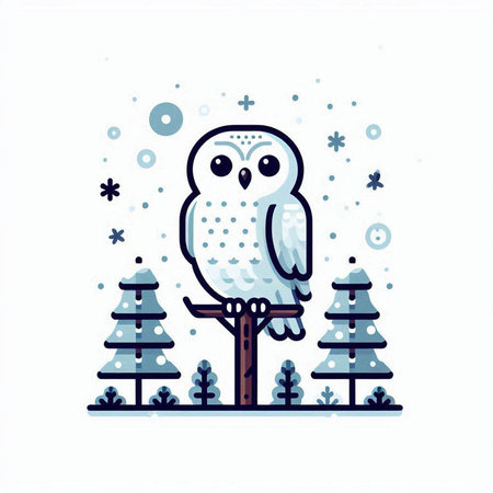 Vector illustration of a cute owl sitting on a tree branch in the forest.のイラスト素材