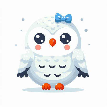 Cute cartoon snow owl with blue bow. Vector illustration isolated on white background.のイラスト素材
