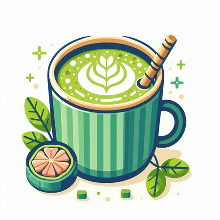 Matcha latte. Green tea in a mug. Vector illustration.のイラスト素材