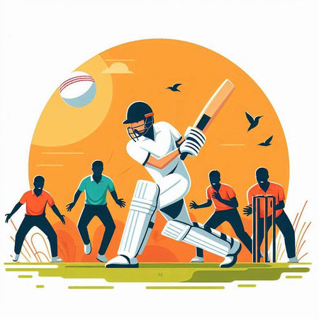 Cricket players in action vector illustration. Batsman playing cricket game.のイラスト素材