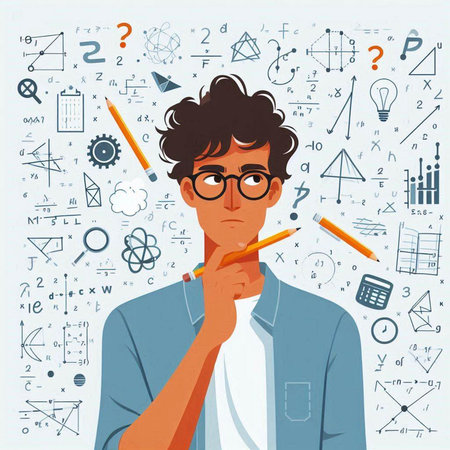 Young man with glasses and school supplies. Vector illustration in flat styleのイラスト素材