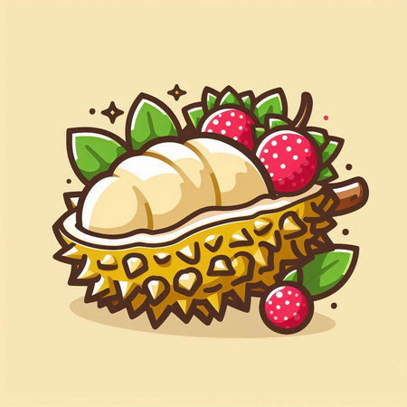 Illustration of Durian Fruit with Berries and Leaves - Vectorのイラスト素材