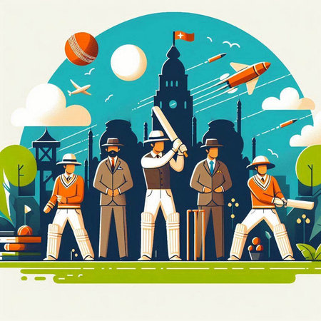 Cricket players in the park. Vector illustration in retro style.のイラスト素材