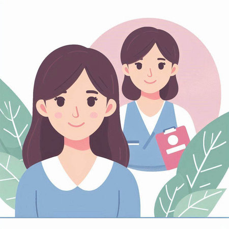 Illustration of a young female doctor and nurse in a hospital.のイラスト素材