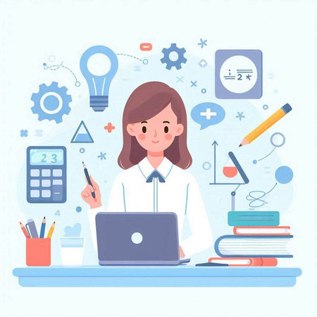 Young woman working on laptop. Online education concept. Vector illustration.のイラスト素材