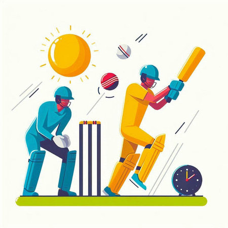 Cricket players in action. Batsman playing cricket. Vector illustrationのイラスト素材