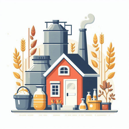 Vector illustration of industrial building, chimney, bucket and wheat.のイラスト素材