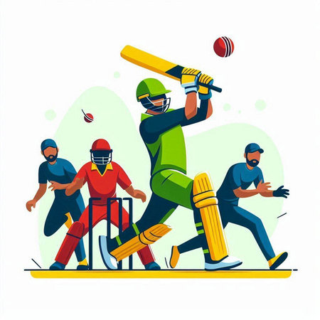 Cricket players in action. Vector illustration in flat cartoon styleのイラスト素材