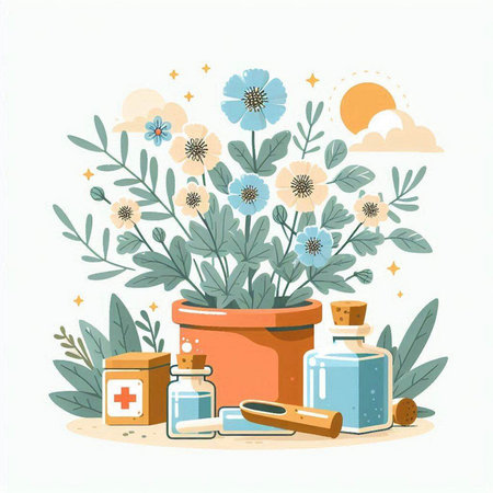 Vector illustration with flowers in flat style. Flowers in a pot, aromatherapy, natural cosmetics.のイラスト素材