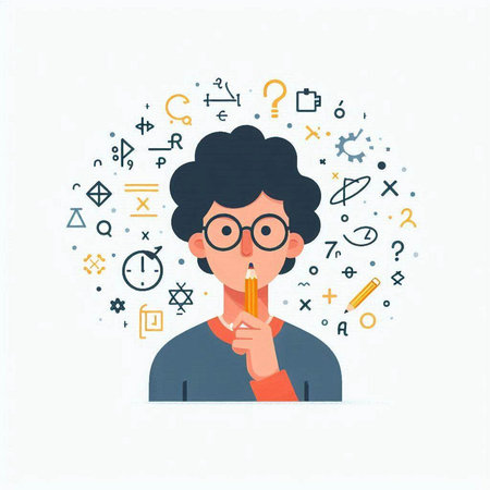 Vector illustration of a boy in glasses with a pencil in his hands. Flat style design.のイラスト素材