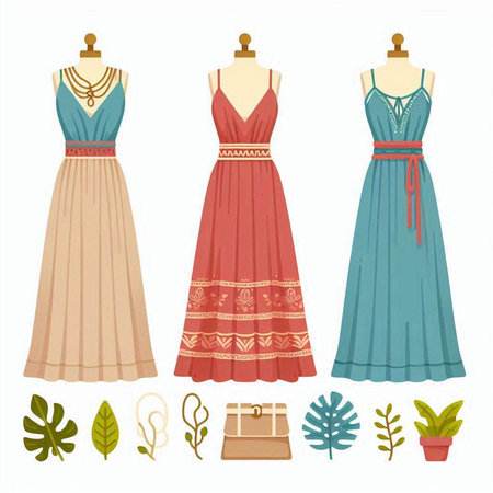 Set of vintage women's dresses on a mannequins. Vector illustrationのイラスト素材