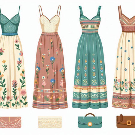 Set of women's dresses with floral pattern. Vector illustration in retro style.のイラスト素材