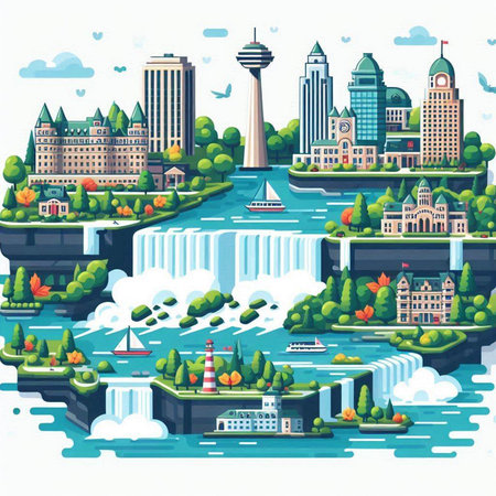 Vector illustration of city landscape with waterfalls, buildings and skyscrapersのイラスト素材